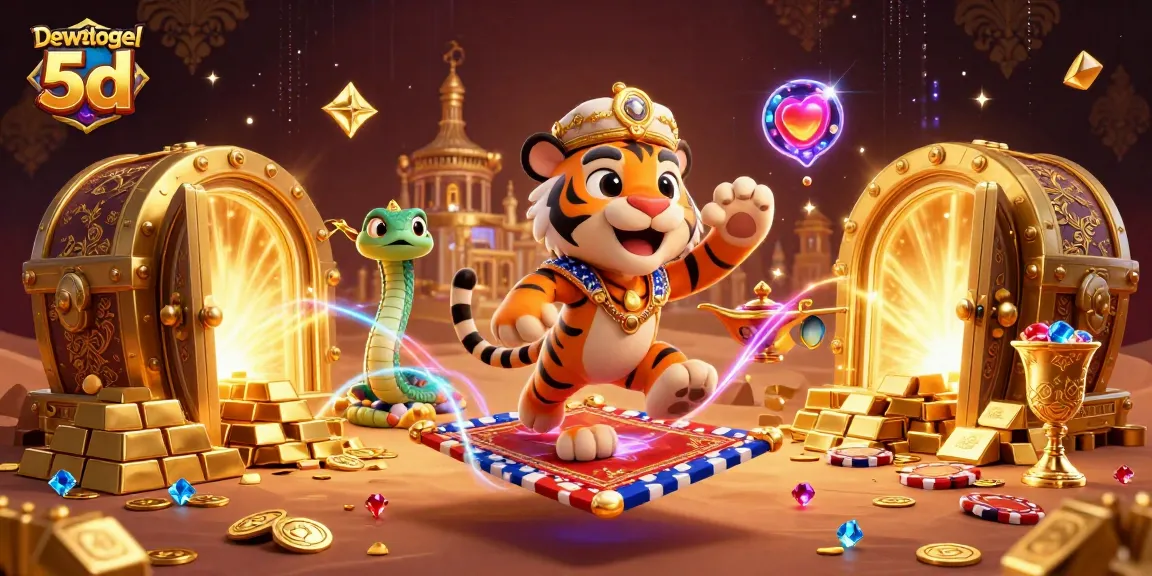 Dewatogel 5d showcases an Arabian-themed tiger sultan surrounded by treasures and casino elements in a captivating 3D illustration.