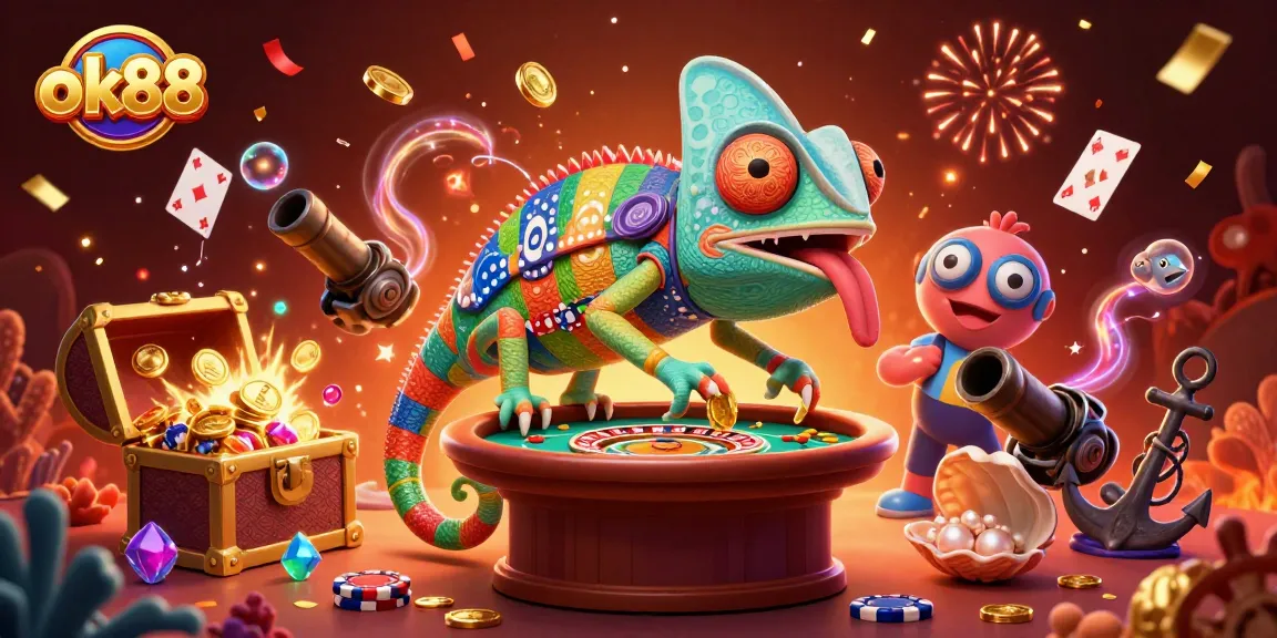 Spin the reels at ok88 with the vibrant chameleon casino owner amidst floating playing cards and shining gems.