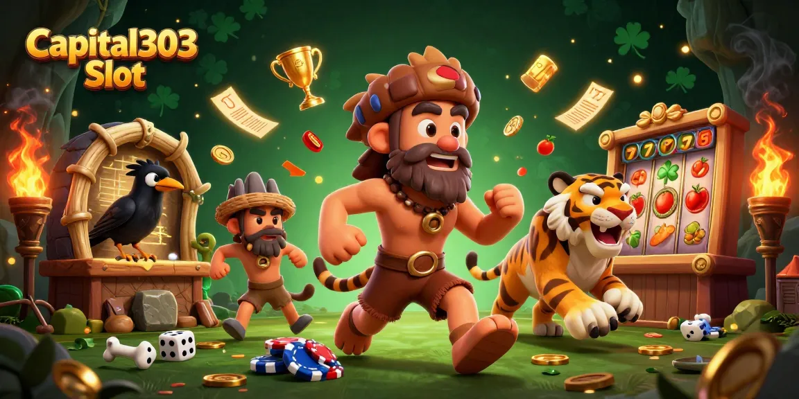 Engage with the thrilling Capital303 Slot in this vibrant illustration featuring a prehistoric casino ambiance.