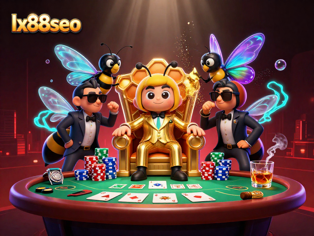 Engage in thrilling gameplay at lx88seo casino featuring a cartoon bumblebee mob boss and poker elements.