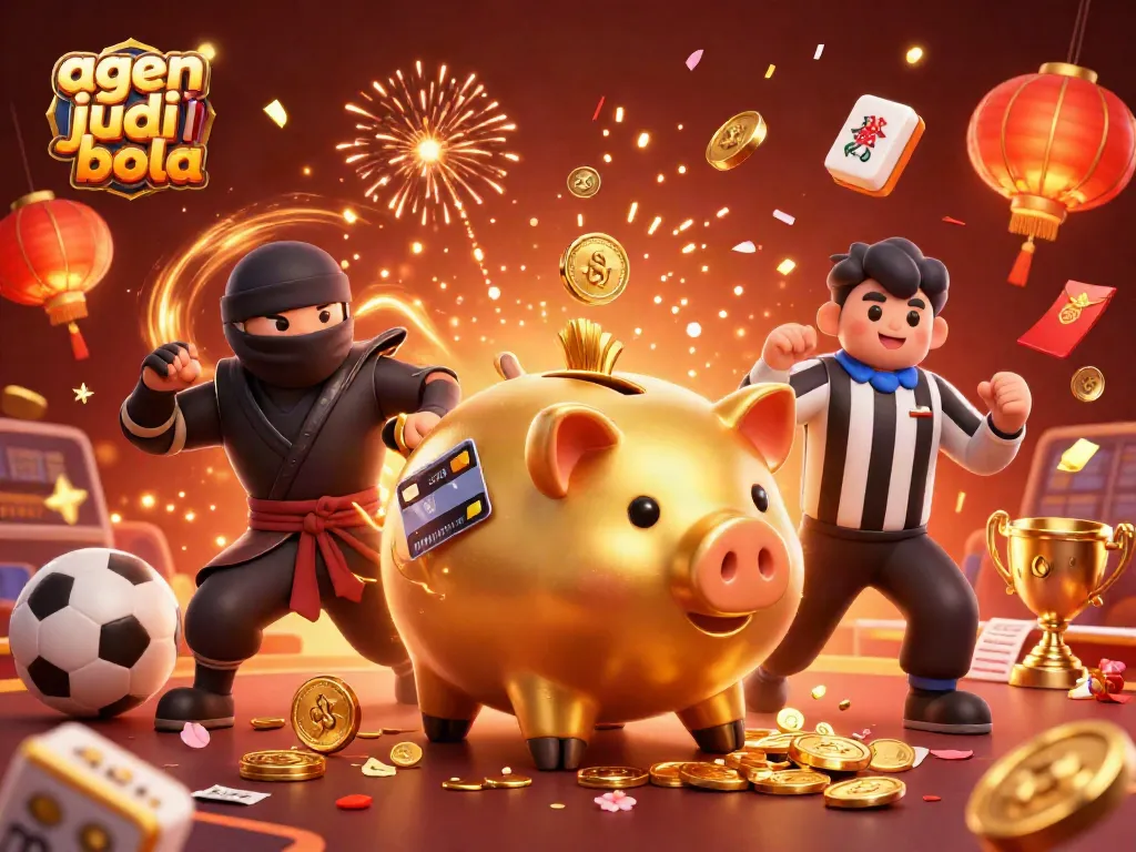 Experience excitement with agen judi bola in an action-packed scene of a golden piggy bank sumo wrestler and ninja.