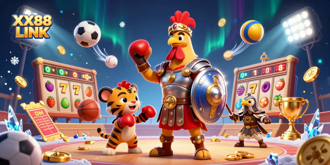 Engage with exciting gameplay at XX88 LINK featuring a gladiator rooster and dynamic casino elements.