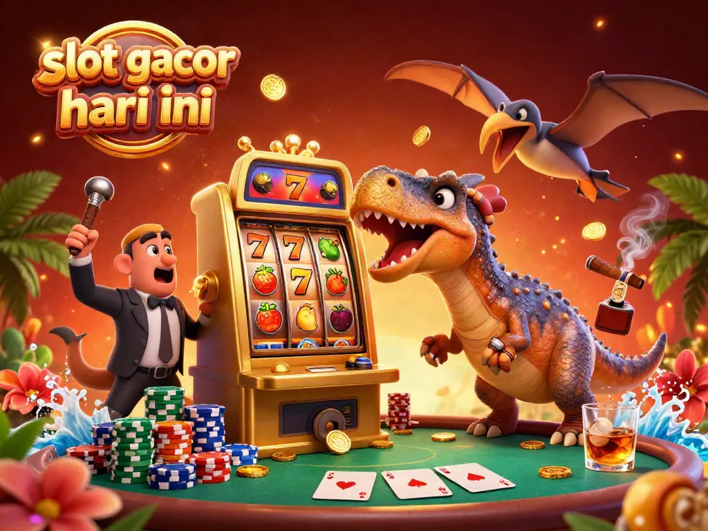 Experience thrilling moments with slot gacor hari ini as a dinosaur wins jackpot coins from a golden slot machine.