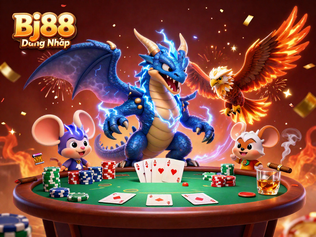 Bj88 Đăng Nhập showcase with a thunder dragon and poker elements celebrating wins