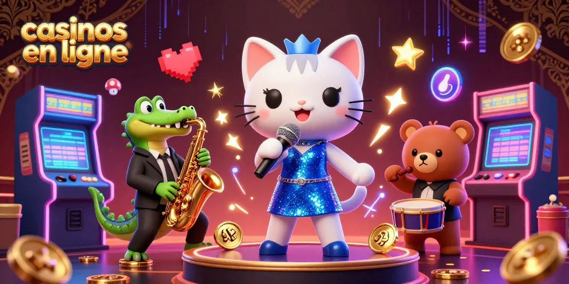 Jouer aux casinos en ligne avec un chat chanteur, un crocodile et un ours en 3D illustrés.