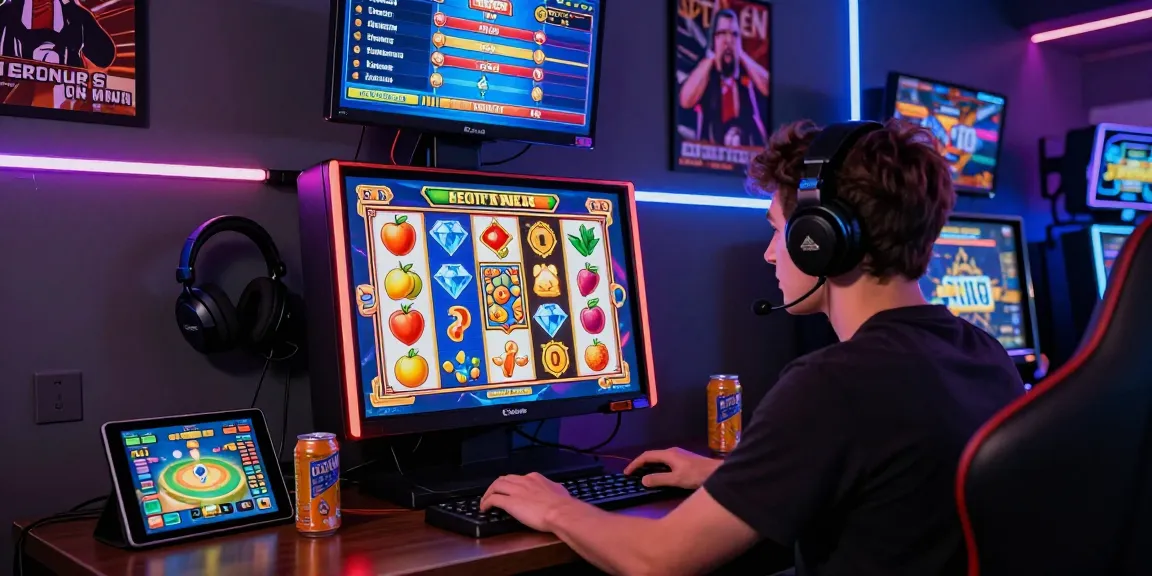 Engaging player at HWGSLOT immersed in vibrant online slot games, surrounded by gaming accessories in a cozy environment.