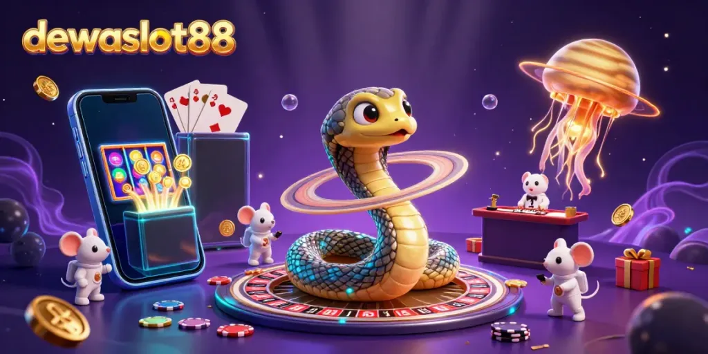 Gim slot dan taruhan menyenangkan di dewaslot88 dengan karakter luar angkasa dan efek cahaya magis.