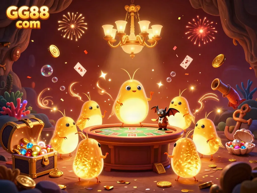 Engage with GG88 com in a stunning 3D illustration of bioluminescent creatures enhancing a vibrant casino atmosphere.
