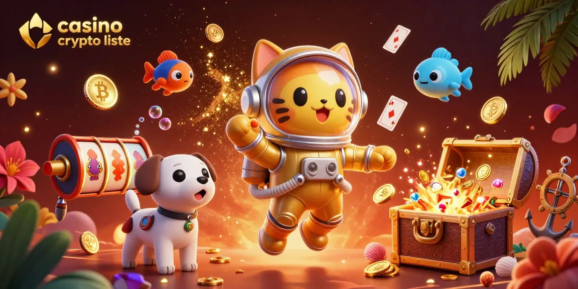 Visualisez la liste des meilleurs casinos crypto avec l'illustration dynamique d'un chat astronaute et des éléments de jeu flottants.