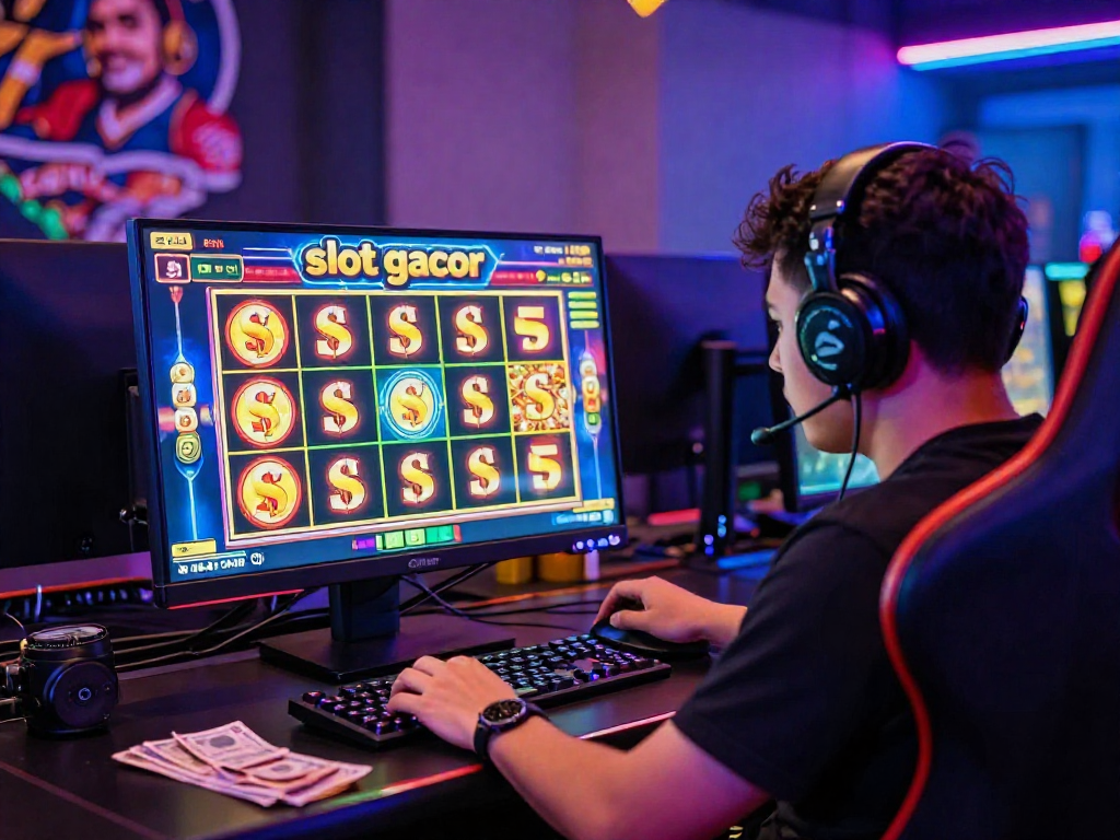 Engaged player experiencing slot gacor with vibrant graphics and cash rewards in an exciting online gaming setup.