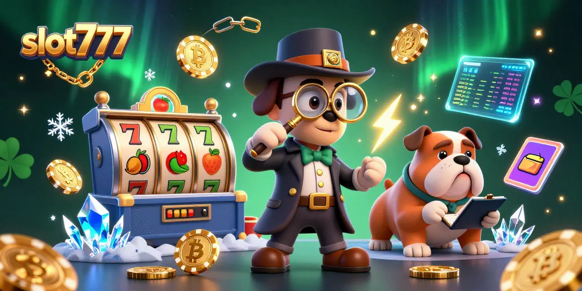 Slot777 menampilkan anjing detektif 3D berinvestigasi di kasino dengan koin Bitcoin.