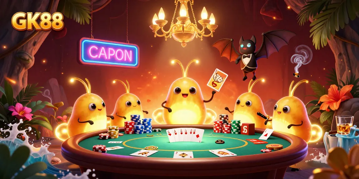 Experience GK88's vibrant casino atmosphere with glowworms and a bat dealer in this immersive illustration.