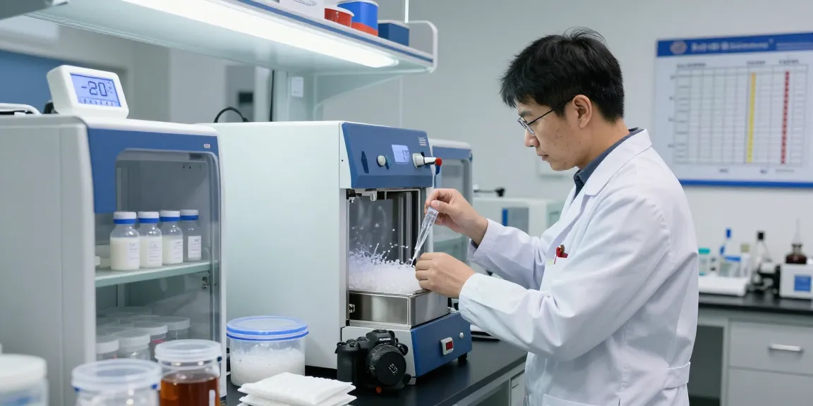 Handling lyophilisation peptides in a professional lab environment, showcasing proper storage protocols and temperature management.
