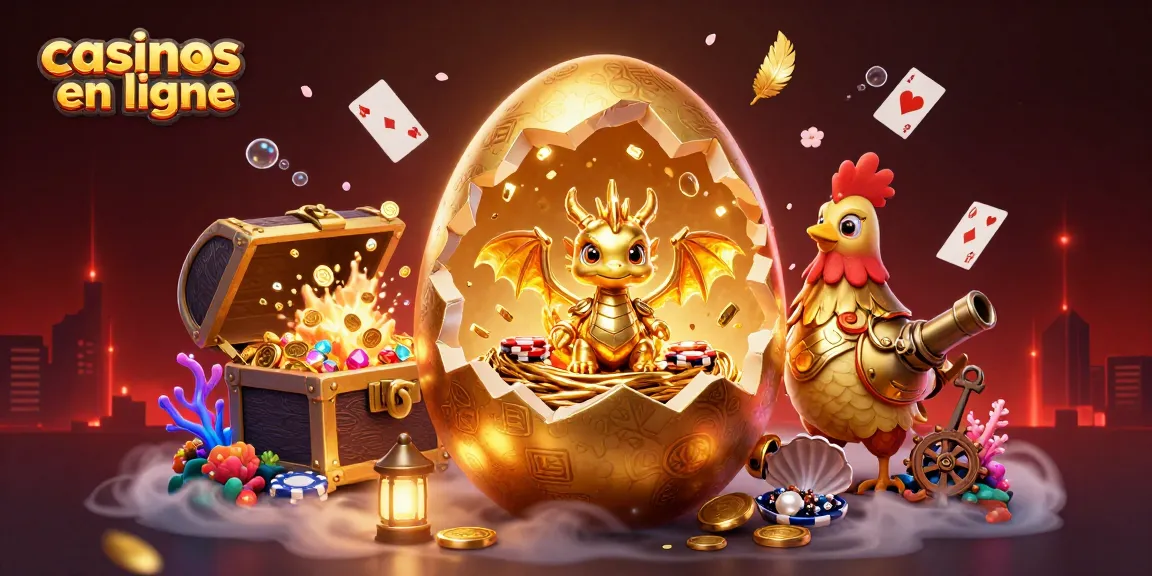 Jouer aux casinos en ligne avec une illustration dynamique d'un œuf d'or craqué révélant un dragon, des jetons de poker et des jeux colorés.