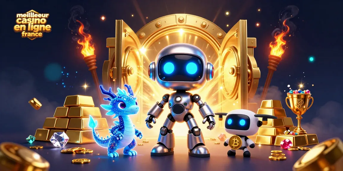 Découvrez le meilleur casino en ligne France avec une illustration dynamique regroupant un robot cyberpunk, un dragon IA et un drone, dans un univers de jeux et de richesses.