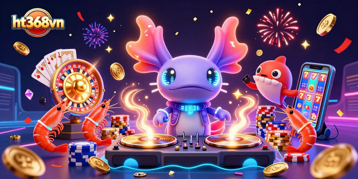 Experience the vibrant gaming scene at ht368vn with a neon axolotl DJ and dynamic casino elements.