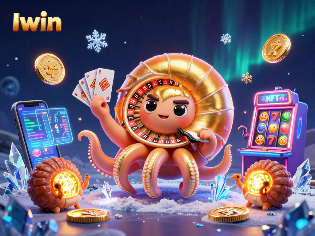 Iwin delves into an engaging crypto casino scene with a giant nautilus and neon coins.