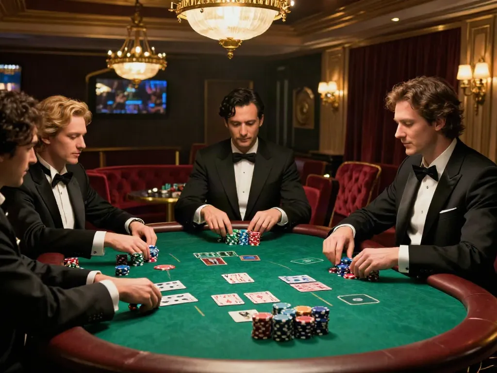 Experience the thrill of ROKOK88 link in a classic mafia-themed casino with elegant players at a poker table.
