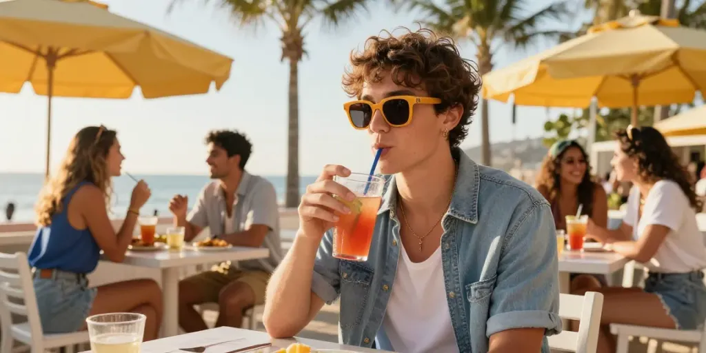 Óculos de sol estilizados em jovem no café à beira da praia, desfrutando do verão.