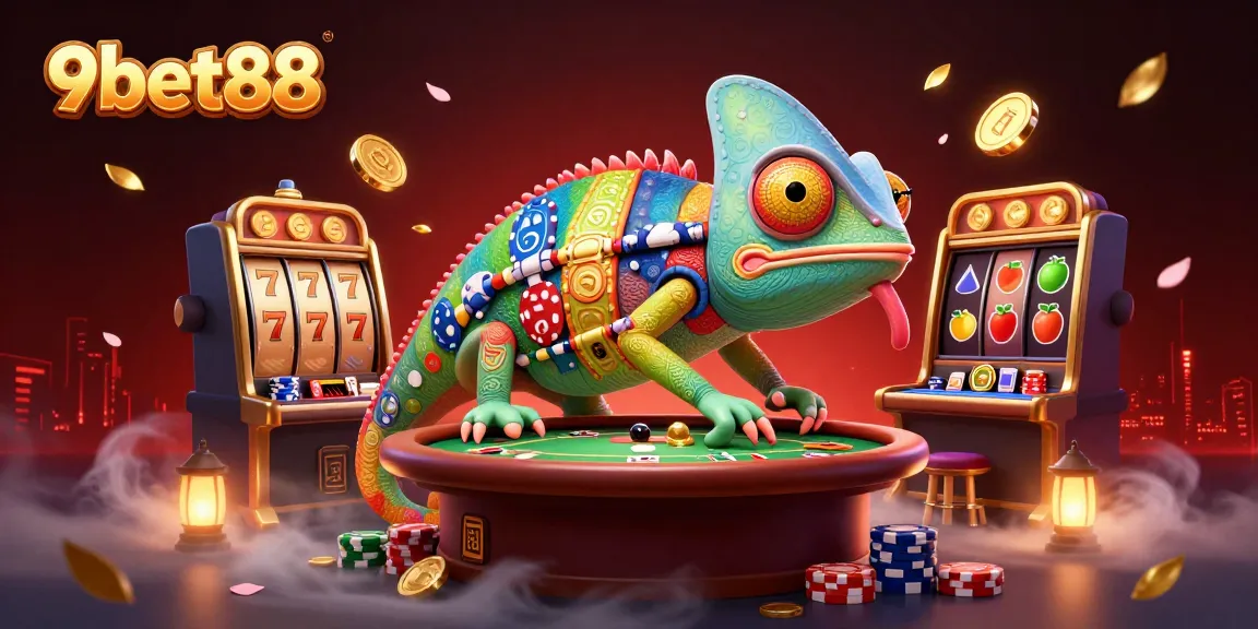 Experience gaming thrill at 9bet88 with a vibrant casino scene featuring slots, chameleon owner, and dynamic elements.