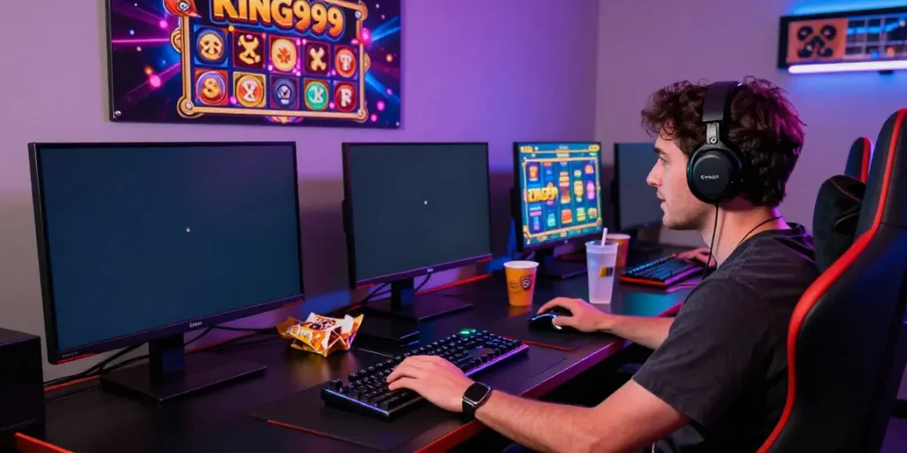 Intense gamer enjoying KING999 slot game on multiple screens in a modern setup.