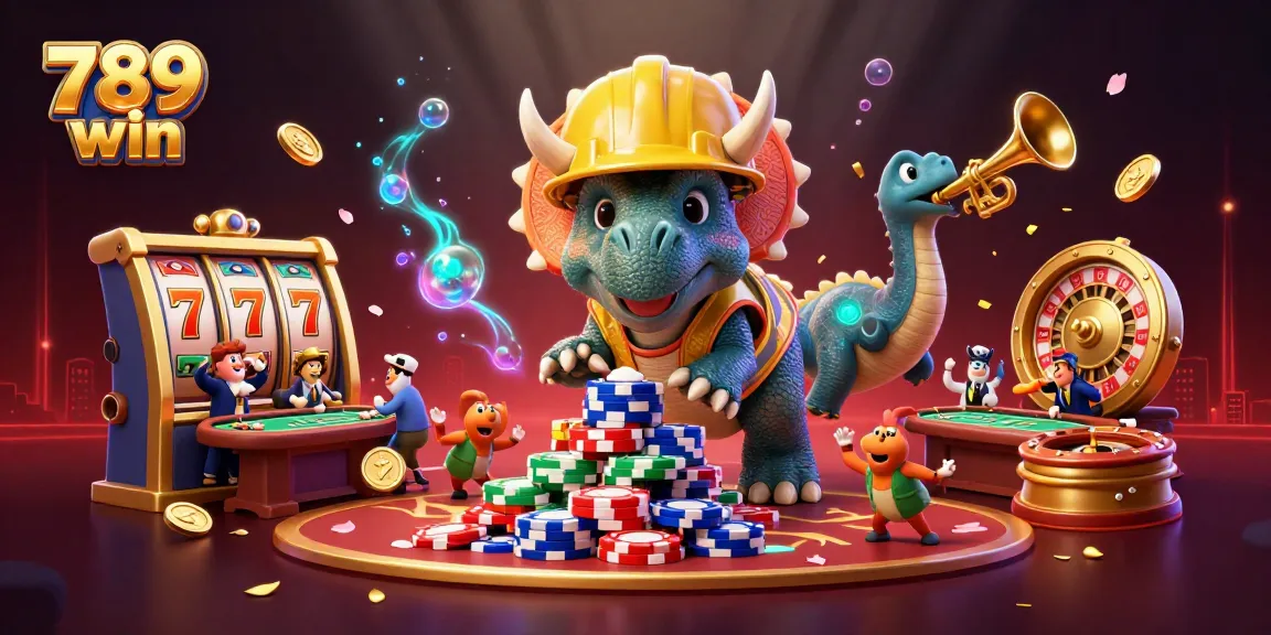 Experience the thrill of 789 win as a triceratops builds a poker chip tower surrounded by lively casino elements.