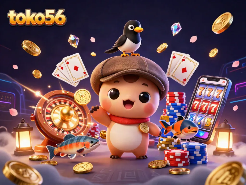 Menangkan jackpot di toko56 dengan koin emas melayang dari slot modern dan karakter lucu.
