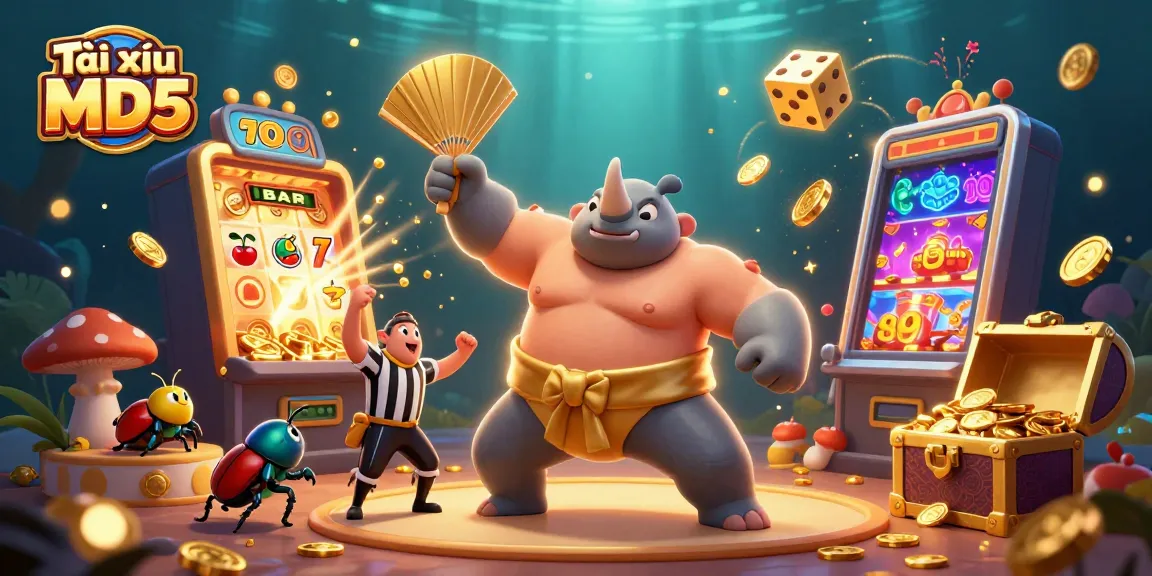 Experience the excitement of Tài xỉu MD5 with a thrilling gaming scene featuring beetle champions and dynamic casino elements.