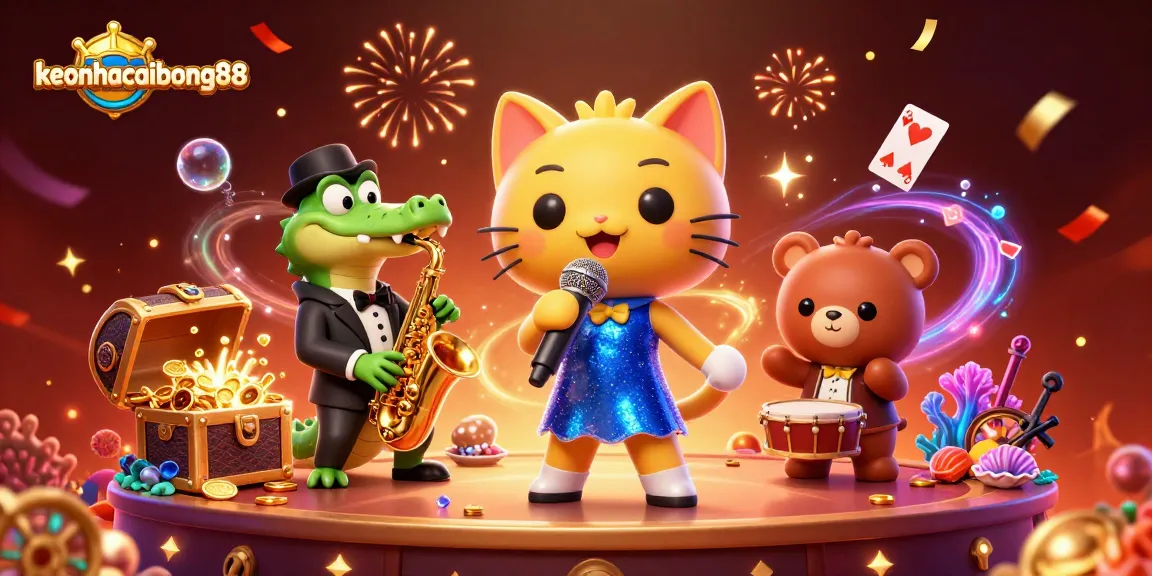 Engage with keonhacaibong88 as a jazz-singer cat and friends celebrate in a vibrant casino.