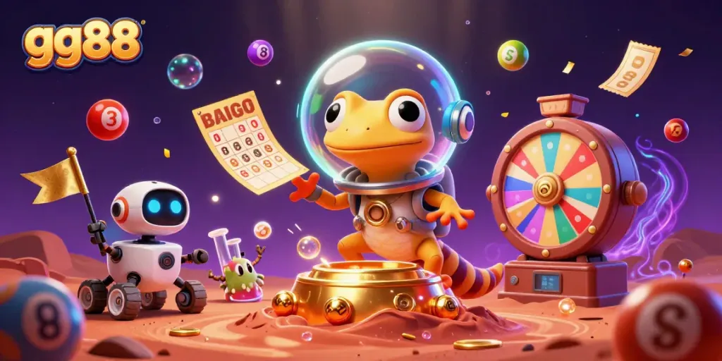 Experience the thrilling world of gg88 with a cartoon Martian gecko discovering a gold casino amidst dynamic lottery elements.