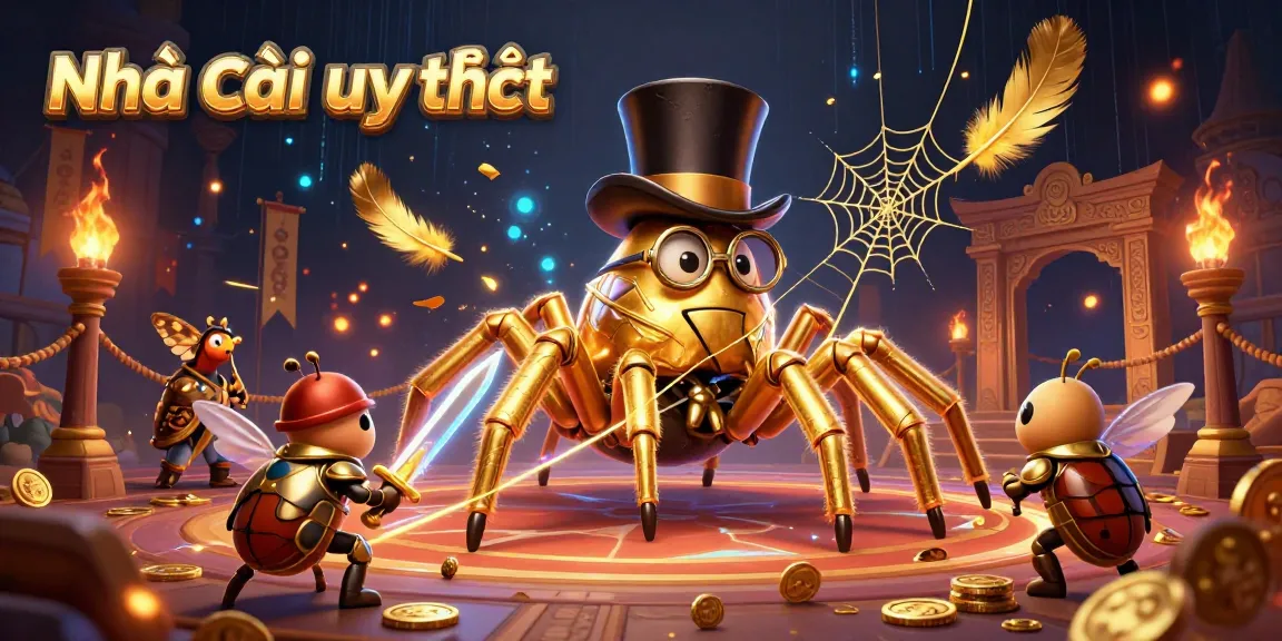 The scene showcases Nhà cái uy tín with a giant tarantula and a beetle knight amidst casino thematic elements, symbolizing gambling excitement.