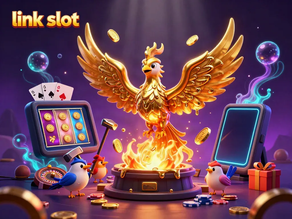Experience the thrill of link slot games with a stunning 3D illustration of a golden phoenix and slot elements.