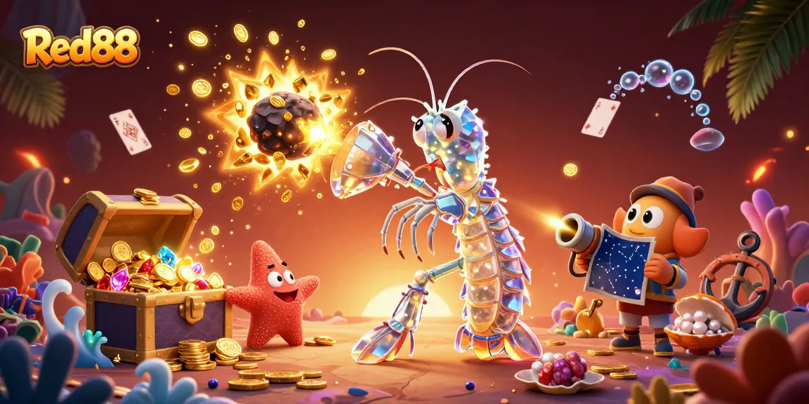 Red88 showcases a 3D mantis shrimp striking through an asteroid, sparking gold coins and gems.