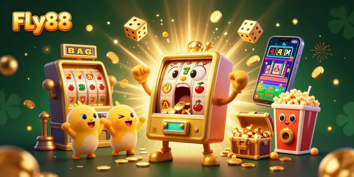 Experience the excitement of FLy88 with a vibrant casino scene featuring cheering slot machines and golden jackpots.