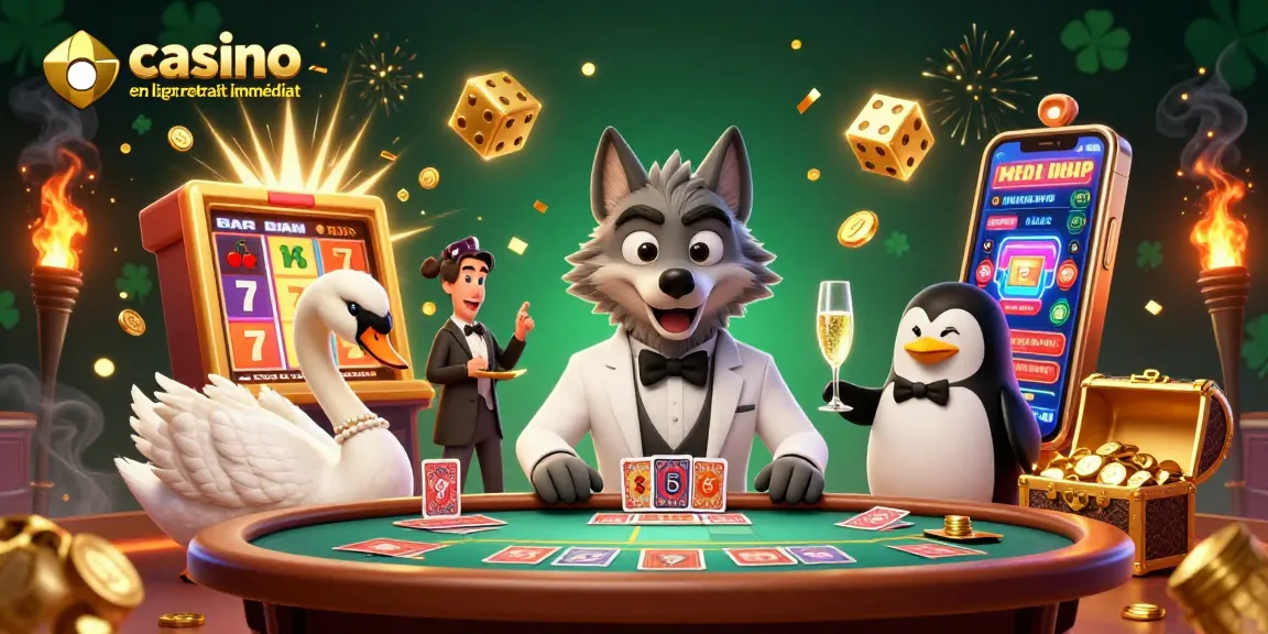 Découvrez les jeux sur le casino en ligne retrait immédiat, avec un loup élégant et une grue dealer.