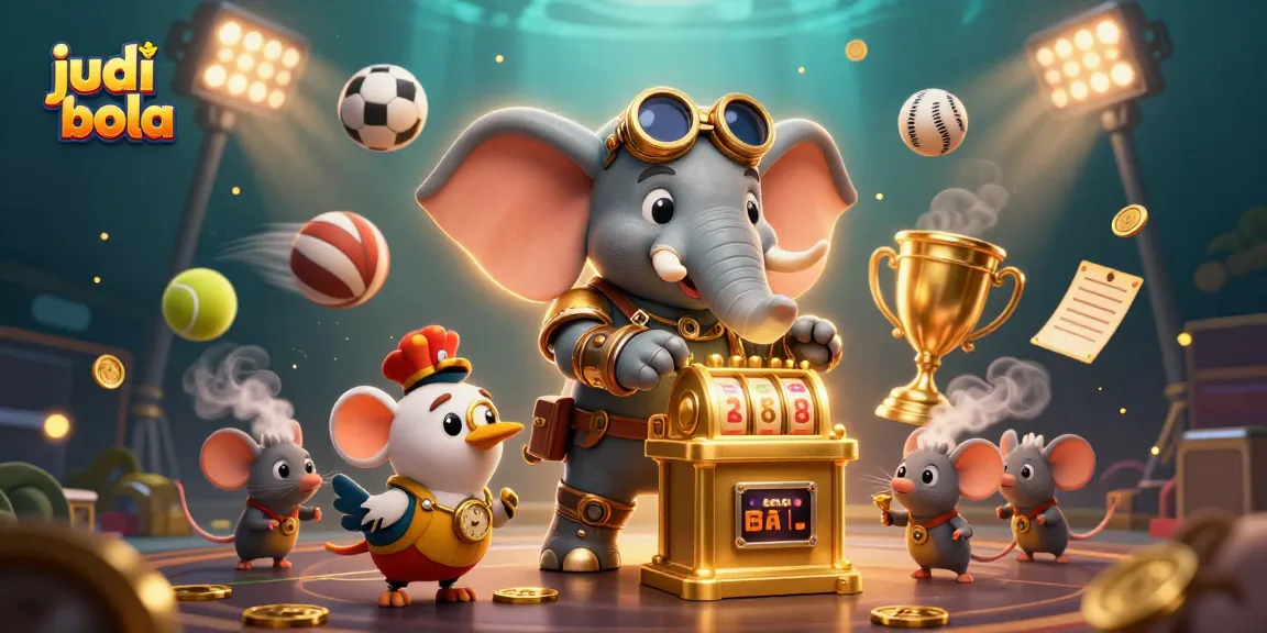 Engage with judi bola as steampunk elephant operates a golden slot machine amidst dynamic sports elements.