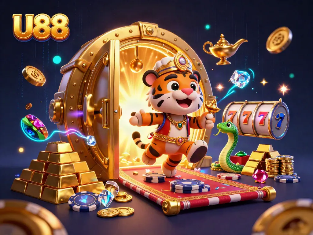 Experience U88's vibrant online casino atmosphere with a magical 3D illustration of the sultan and treasure.