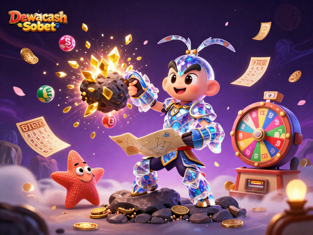 Dewacash Sbobet showcases a vibrant fantasy scene with thrilling casino elements amidst exploding gems and lottery balls.