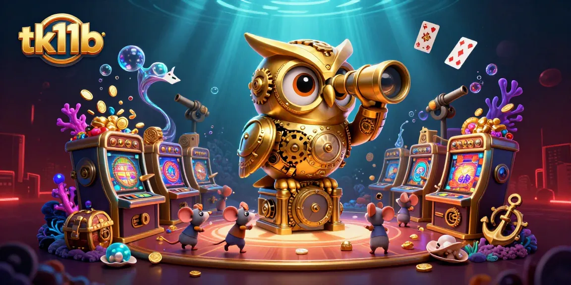 Experience thrilling gaming action with tk11b's vibrant 3D casino illustration featuring a golden owl and lively game elements.