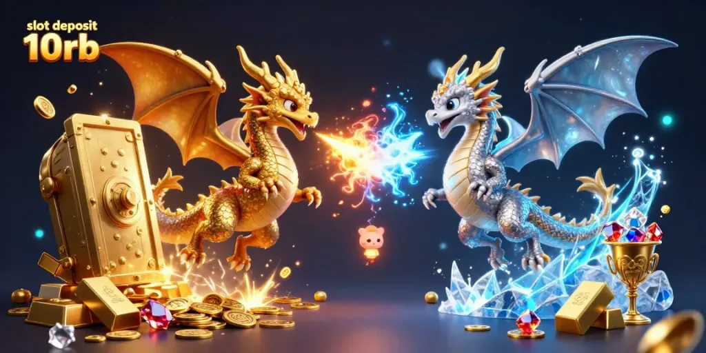 Engage with the magical world of slot deposit 10rb, featuring twin dragons surrounded by treasure and shimmering effects.