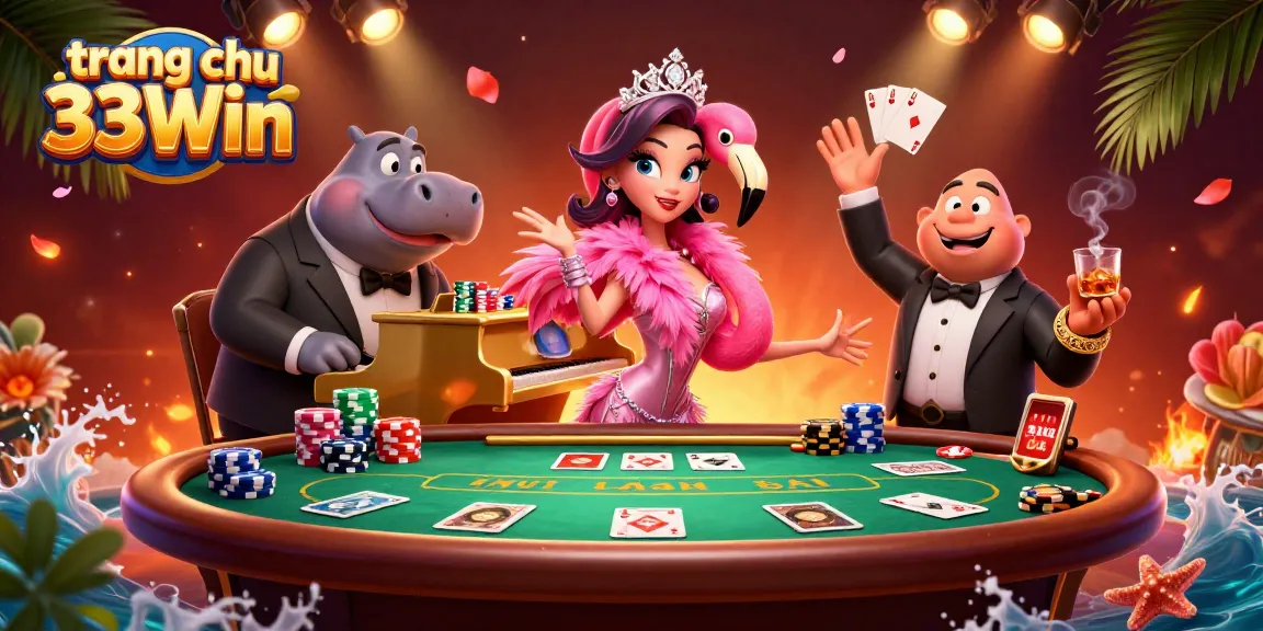 Experience the vibrant energy of trang chu 33Win with a lively casino scene featuring dynamic characters and poker elements.