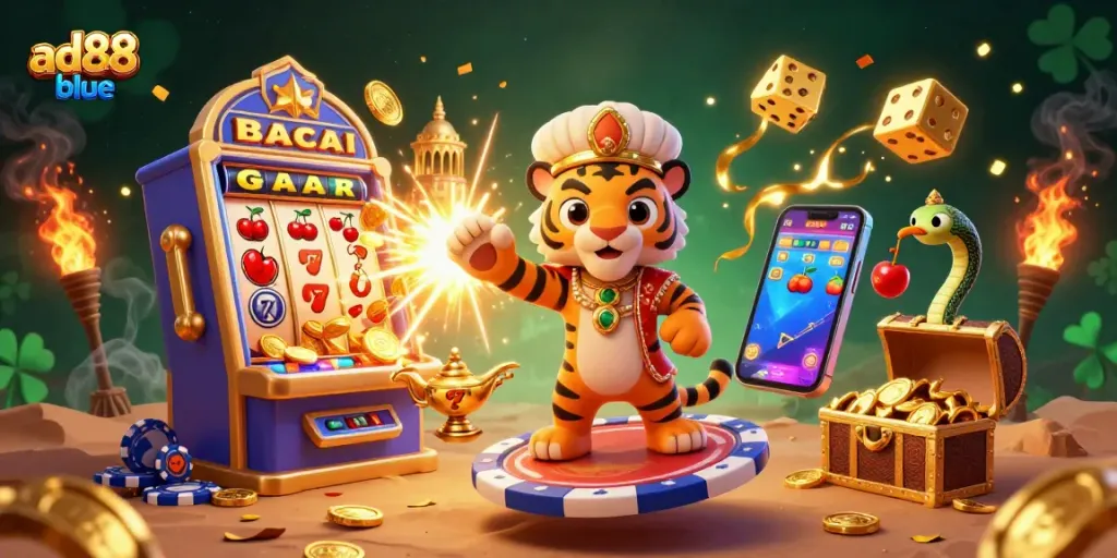 Experience thrilling gameplay with ad88 blue as animated casino characters spin jackpots and treasures.