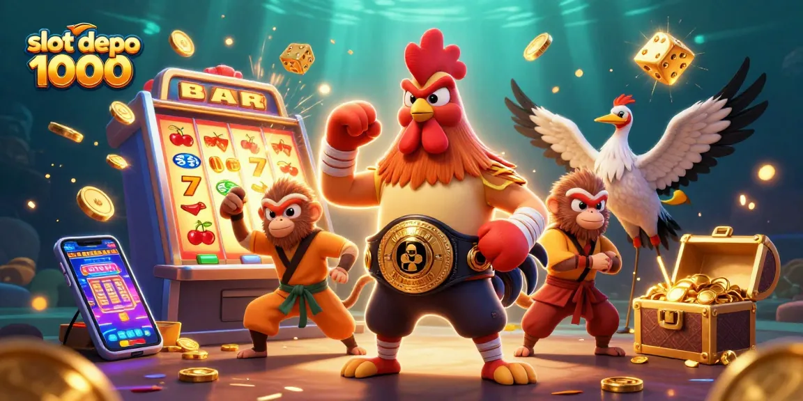 Engage in thrilling action with slot depo 1000, showcasing energetic characters amid a jackpot explosion.