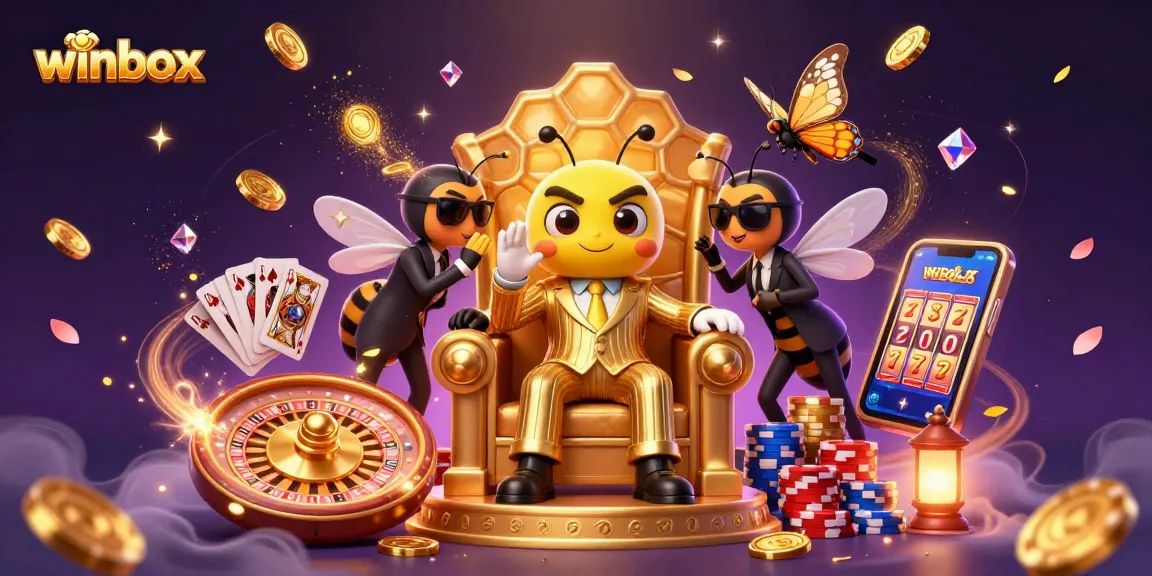 Winbox features a bumblebee mob boss in a casino scene with golden coins, vibrant slots, and engaging live gaming elements.