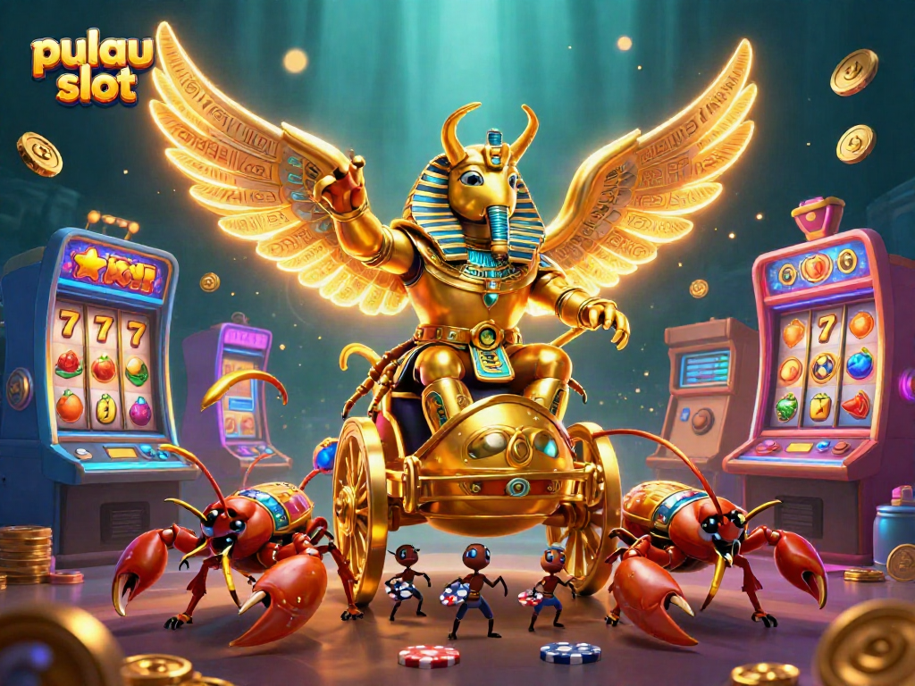 Experience excitement at pulau slot with an illustrated scene of gaming characters and slot machines.