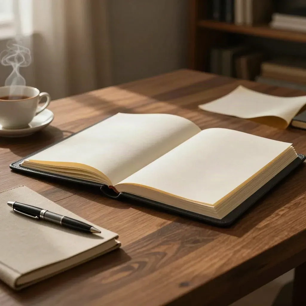 Warm manuscript setup with folio, papers, pen, tea cup, and notebook on a sunlit studio surface.
