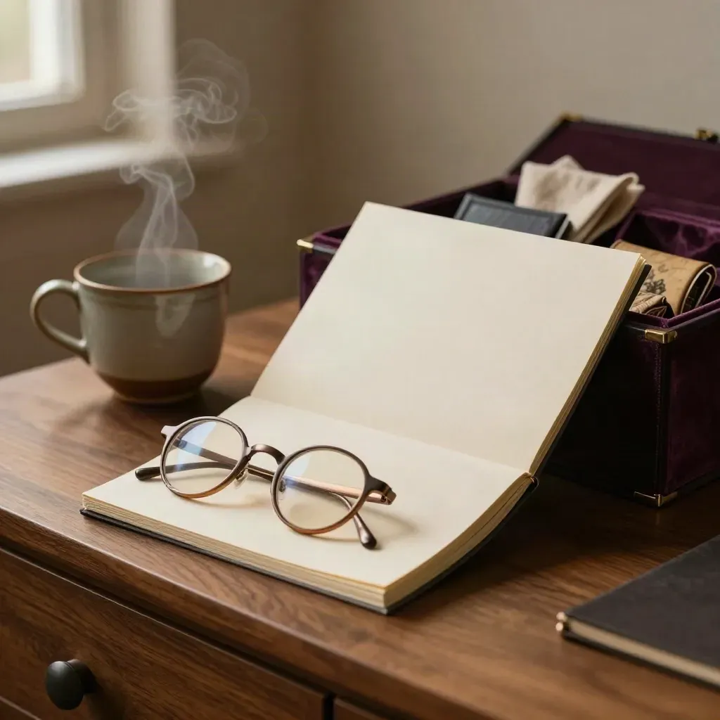 Bio booklet, glasses, cup, and keepsake box on a warm walnut sideboard in soft afternoon light.