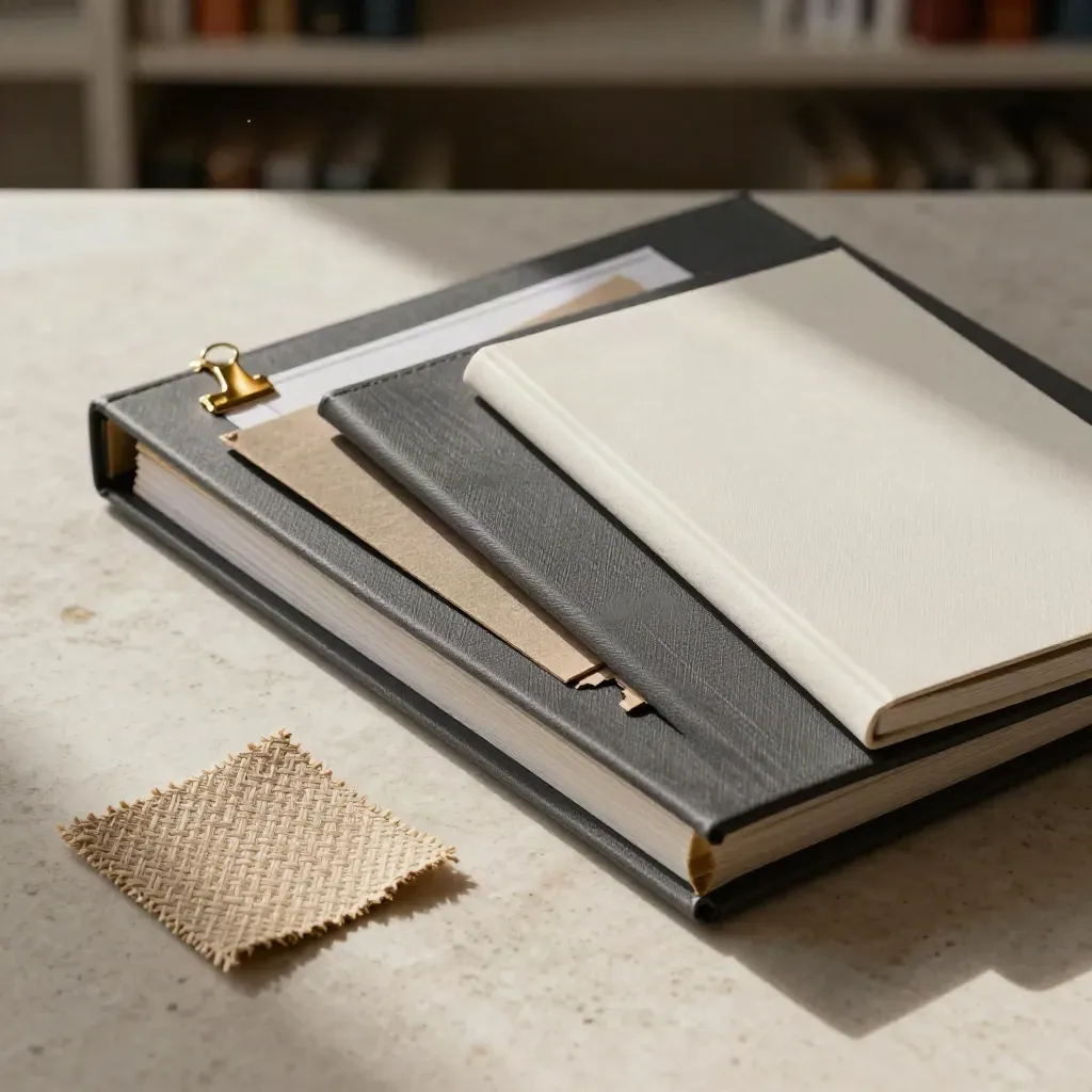 Overhead portfolio binder with swatches, dividers, clips and case-study book on travertine.