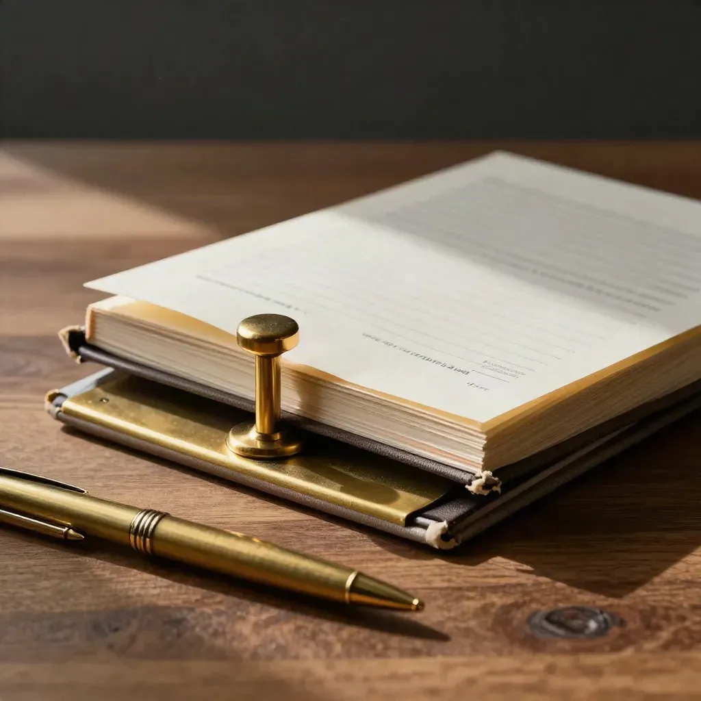 Macro of a consulting review desk with notebooks, brass pen, page weights, and a face-down edit page.