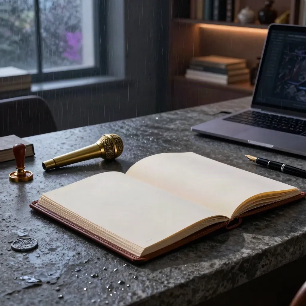 Rain-dark brand workspace with leather folio, brass microphone, wax seal kit and glowing shelves.